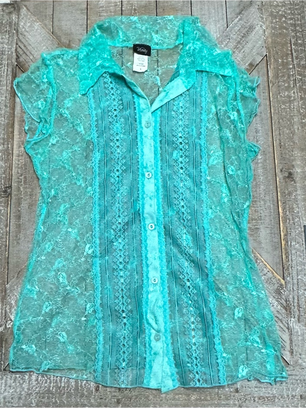 Vanity Turquoise Sheer Lace Button-Up Blouse